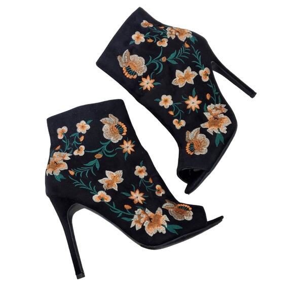 JustFab | Embroidered Floral Stiletto Peep Toe Ankle Booties - Picture 3 of 12